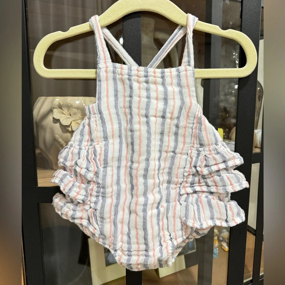 Angel Dear muslin bubble romper Nautical Ticking Striped Sunsuit ruffles baby - Picture 1 of 5